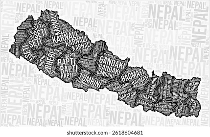 Nepal regions map word cloud. Nepal region names. Black and white map design. Elegant vector illustration.