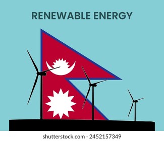 Nepal renewable energy, environmental and ecological energy idea, wind turbine with Nepal flag, electrical industry, alternative solar power