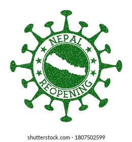 Nepal Reopening Stamp. Green round badge of country with map of Nepal. Country opening after lockdown. Vector illustration.