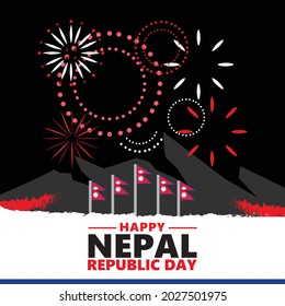 Nepal republic day vector illustration with its unique national flags, Himalayan mountains, and fireworks on the night sky background.