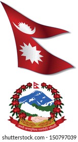 nepal shadowed textured wavy flag and coat of arms against white background, vector art illustration, image contains transparency transparency