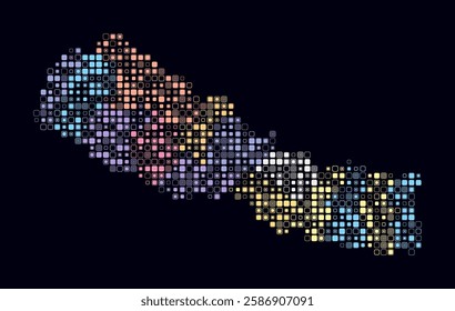 Nepal, shape of the country built of colored cells. Digital style map of Nepal on a dark background. Small size rounded square blocks. Awesome vector illustration.
