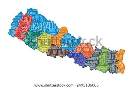 Nepal shape. Country word cloud with region division. Nepal colored illustration. Region names cloud. Vector illustration.