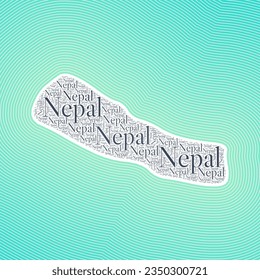 Nepal shape formed by country name in multiple languages. Nepal border on stylish striped gradient background. Vibrant poster. Creative vector illustration.