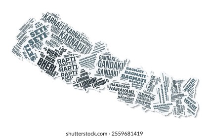 Nepal shape text cloud. Country border with shadow on white background. Nepal with regions division in vintage gazette style. Vibrant vector illustration.