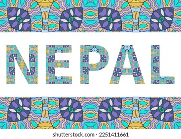 Nepal sign letters with tribal ethnic ornament. Decorative letters and frame border pattern. Card or Invitation design. Northern Europe travel theme background. Hand drawn vector illustration