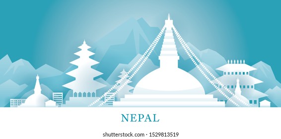 Nepal Skyline Landmarks in Paper Cutting Style, Famous Place and Historical Buildings, Travel and Tourist Attraction