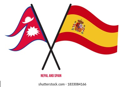 Nepal and Spain Flags Crossed And Waving Flat Style. Official Proportion. Correct Colors.
