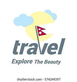 Nepal Travel Country Flag Logo. Explore the The Beauty lettering with Sun and Clouds and creative waving flag. travel company logo design - vector illustration