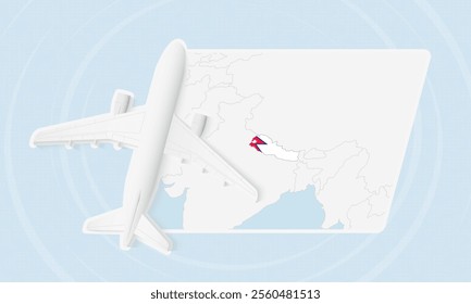 Nepal Travel Illustration with Plane and National Flag. Ideal for travel agencies, promotional materials, or geographic content related to Nepal.