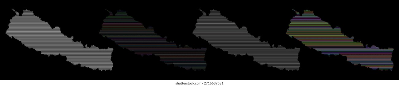 Silueta de mapa de Vector de Nepal con patrones de línea Horizontal en diferentes estilos y colores. Mapa infográfico de Nepal que muestra la geografía de la frontera del país.