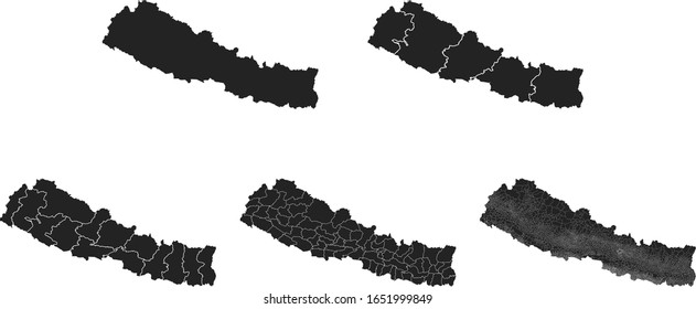 Mapas vectoriales de Nepal con regiones administrativas, municipios, departamentos y fronteras