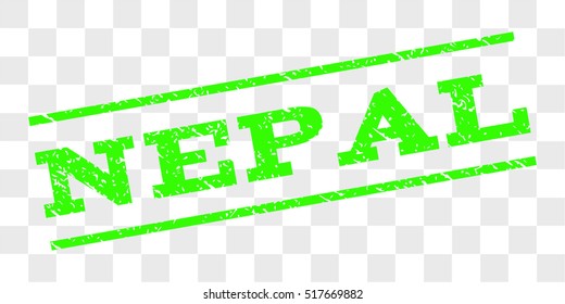 Nepal watermark stamp. Text caption between parallel lines with grunge design style. Rubber seal stamp with unclean texture. Vector light green color ink imprint on a chess transparent background.