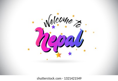 Nepal Welcome To Word Text with Purple Pink Handwritten Font and Yellow Stars Shape Design Vector Illusration.