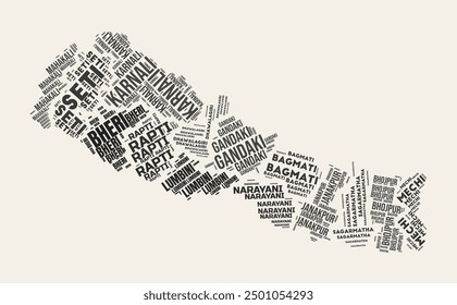 Nepal Word Cloud. Country with regions division. Nepal typographic text clouds vector image design. Vintage gazette style country shape image. Vibrant vector illustration.