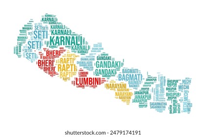 Nepal word cloud. Country shape with region division. Nepal typography style image. Region names tag clouds. Vector illustration.