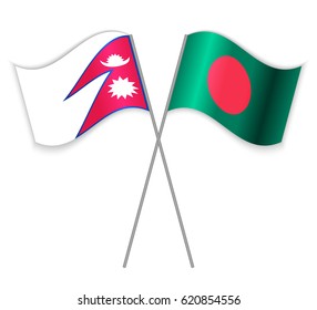 Nepalese and Bangladeshi crossed flags. Nepal combined with Bangladesh isolated on white. Language learning, international business or travel concept.