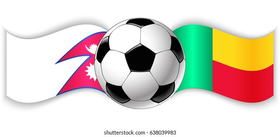 Nepalese and Beninese wavy flags with football ball. Nepal combined with Benin isolated on white. Football match or international sport competition concept.