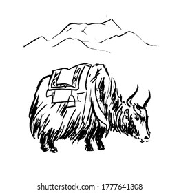 Nepalese bull. Illustration of an animal on a background of mountains.