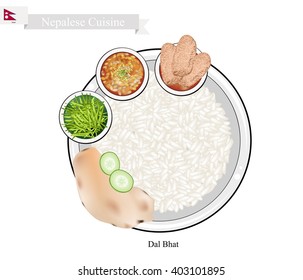 Nepalese Cuisine, Dal Bhat or Steamed Rice and Flatbread Served with Lentil Soup, Vegetable and . One of Most Popular Dish in Nepal.