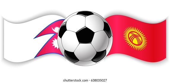 Nepalese and Kirgiz wavy flags with football ball. Nepal combined with Kyrgyzstan isolated on white. Football match or international sport competition concept.