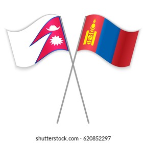 Nepalese and Mongolian crossed flags. Nepal combined with Mongolia isolated on white. Language learning, international business or travel concept.