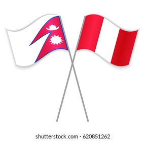 Nepalese and Peruvian crossed flags. Nepal combined with Peru isolated on white. Language learning, international business or travel concept.