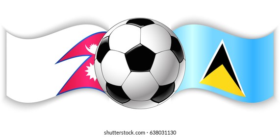 Nepalese and Saint Lucian wavy flags with football ball. Nepal combined with Saint Lucia isolated on white. Football match or international sport competition concept.