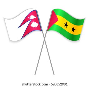 Nepalese and Sao Tomean crossed flags. Nepal combined with Sao Tome and Principe isolated on white. Language learning, international business or travel concept.