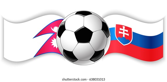 Nepalese and Slovak wavy flags with football ball. Nepal combined with Slovakia isolated on white. Football match or international sport competition concept.