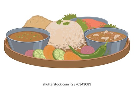 Nepalese Thali Set (Dal Bhat), Vegetarian dish. Vector, flat style. White boiled rice, curry, flatbread, sauce, yashgurt, vegetables, dal, spicy seasonings. Simple food for strength in the mountains.