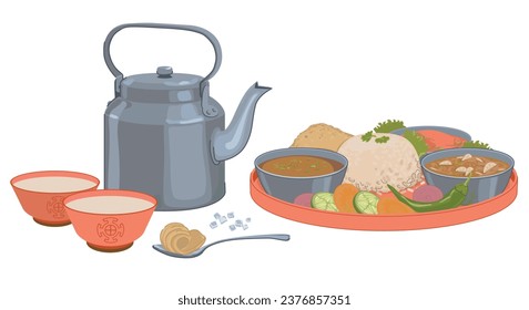 Nepalese Thali Set (Dal Bhat) and Tea with Butter and Salt. Traditional food of the peoples of the Himalayan regions of Nepal, Bhutan, India. Vegetarian dish. Vector, flat style.