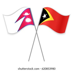 Nepalese and Timorese crossed flags. Nepal combined with East Timor isolated on white. Language learning, international business or travel concept.