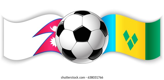 Nepalese and Vincentian wavy flags with football ball. Nepal combined with Saint Vincent and the Grenadines isolated on white. Football match or international sport competition concept.