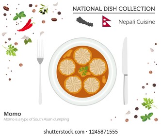 Nepali Cuisine. Asian national dish collection. Momo isolated on white, infograpic. Vector illustration