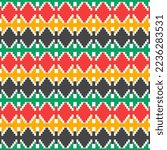 Nepali Dhaka Topi fabric pattern. Seamless red, orange, black, and green colored textile design. Classic Nepali Daura Suruwal and Cholo design. Vector illustration.