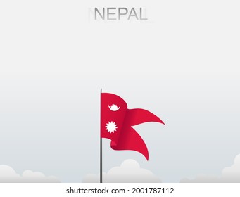 The Nepali flag flutters on a pole standing tall under a white sky