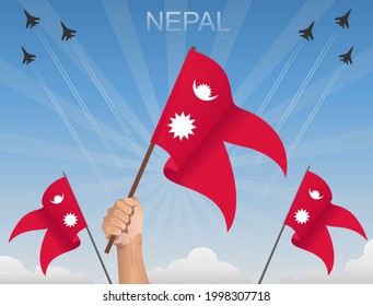 Nepali flags fluttering under the blue sky