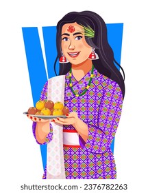 Nepali girl celebrating Dashain with Tika and Jamara. Girl In traditional Nepali attire holds sweets on plate