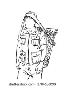 Nepali porter carrying basket on head in traditional way and wearing expedition vest with many pockets, Man with no face, Vector sketch Hand drawn linear illustration