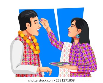 Nepali woman is giving blessings to the brother by putting tika on his forehead. Both wearing traditional ethnic clothes. Celebrating Bhai Tika or Bhai Tihar