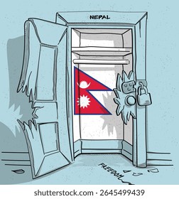 O caminho do Nepal para a liberdade. Ilustração política de uma porta quebrada, mas trancada, com a bandeira nacional. Uma metáfora para luta e esperança.