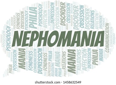 Nephomania word cloud. Type of mania, made with text only.