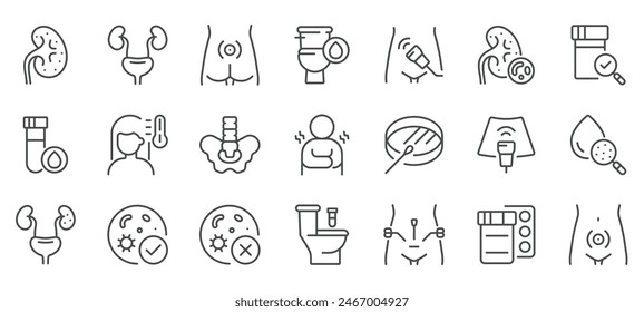 Conjunto de iconos de nefritis. Iconos lineales de inflamación renal, síntomas, diagnóstico y tratamiento. Incluye procedimientos médicos, afecciones y medicamentos. Colección de letrero de Vector editable.