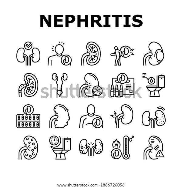 Nephritis Kidneys Collection Icons Set\
Vector. Kidneys Stones And Infection, Cancer And Cyst, Bloody Urine\
And Frequent Urination Black Contour\
Illustrations
