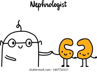 Nephrologist hand drawn vector illustration. Cartoon doctor with kidneys