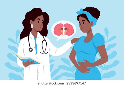 A nephrologist talks to a patient about kidney disease. African-American nephrologist, scientist researches glomerulonephritis, pyelonephritis, urolithiasis, polycystic kidney disease, kidney failure.