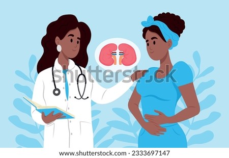 A nephrologist talks to a patient about kidney disease. African-American nephrologist, scientist researches glomerulonephritis, pyelonephritis, urolithiasis, polycystic kidney disease, kidney failure.