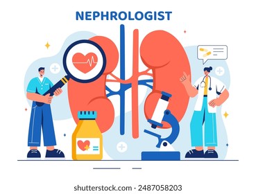 Nephrologist Vector Illustration featuring a Cardiologist, Proctologist, and Kidney Treatment on a Flat Style Cartoon Healthcare Background