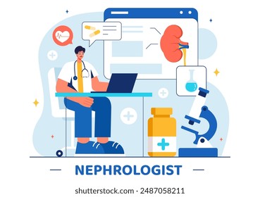 Ilustración vectorial nefróloga con un cardiólogo, proctólogo y tratamiento renal en un fondo de caricatura plana de cuidado de la salud